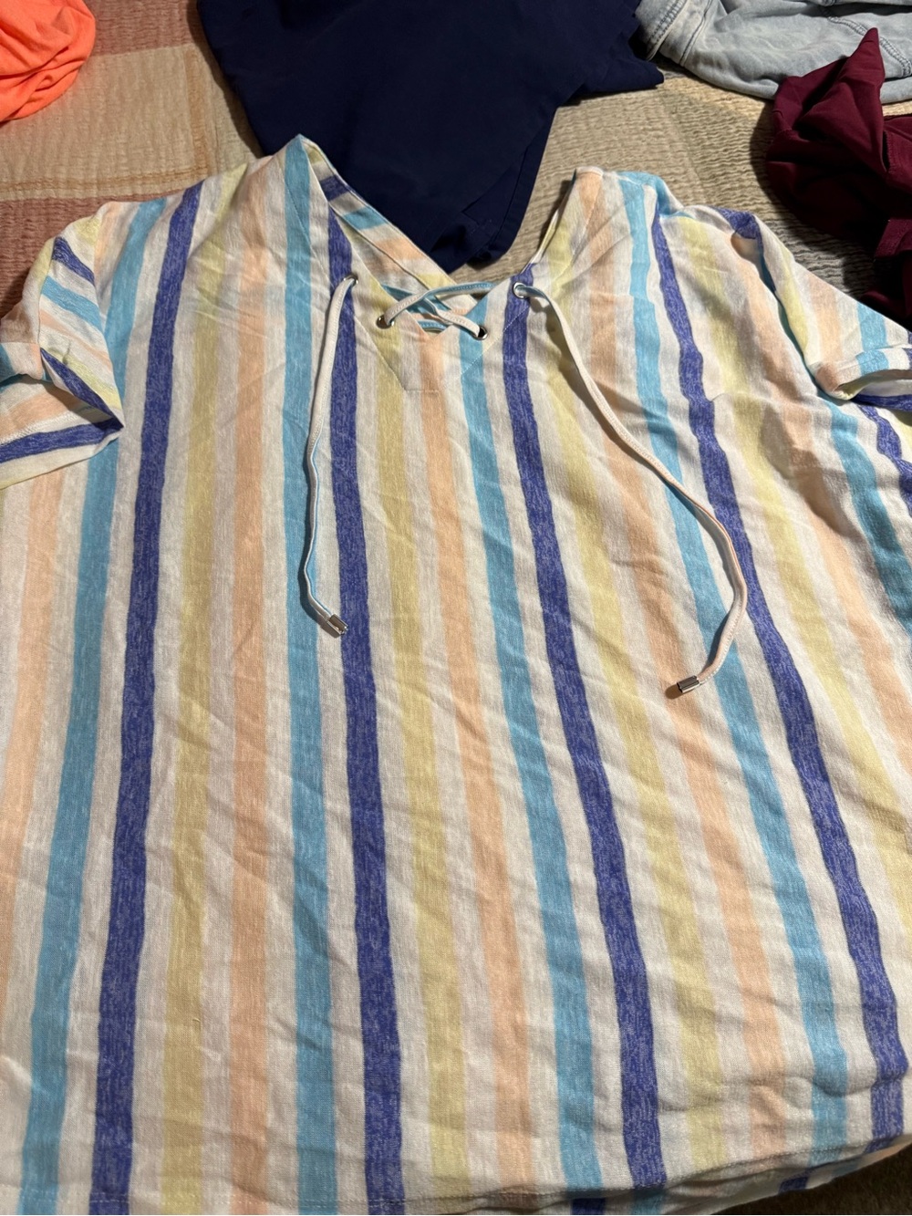 Rafaella Striped Lace-Up Short Sleeve Shirt in Blue, Yellow, Peach 3x